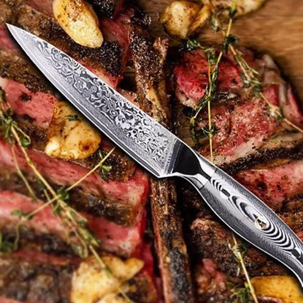 Ein kunstvoll verzierter Messer liegt auf einem Teller mit saftigem, perfekt gebratenem Steak, garniert mit Kräutern und gebratenem Knoblauch. Die feinen Details der Damastklinge stehen im Kontrast zum saftigen Fleisch.