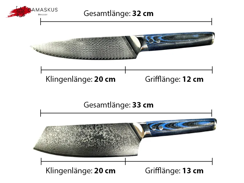 Blue-handled Damascus chef’s knife.