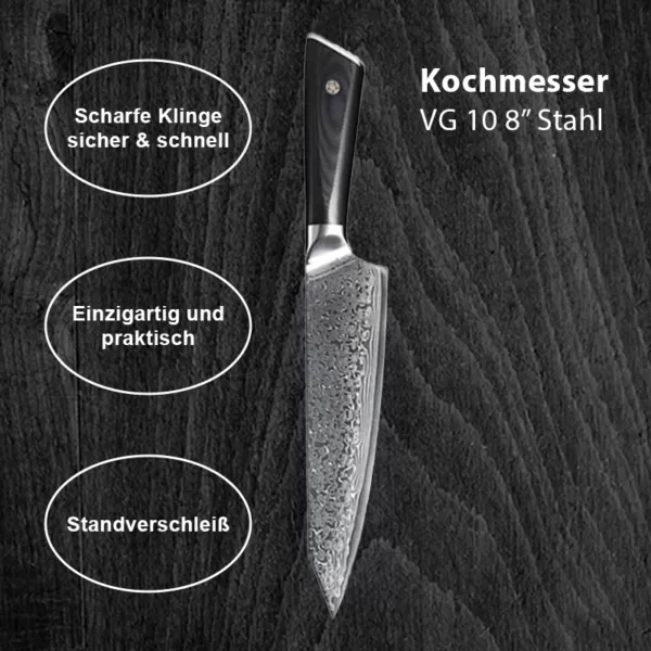 Ein Kochmesser aus VG 10 8-Zoll-Stahl, präsentiert auf einem dunklen Hintergrund. Textblasen heben die Eigenschaften hervor: "Scharfe Klinge sicher & schnell", "Einzigartig und praktisch", und "Standverschleiss".