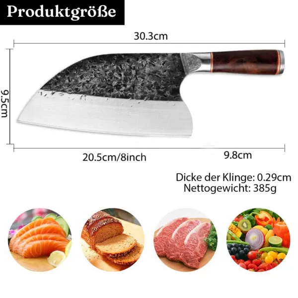 Ein Bild eines Universalmesser Sushikiri mit detaillierten Produktmassen und Spezifikationen. Die Gesamtlänge beträgt 30,3 cm, die Klingenlänge 20,5 cm und die Klingenbreite 9,5 cm. Das Messer hat eine Klingendicke von 0,29 cm und wiegt 385 g. Unten sind Bilder von Lachs, Brot, rohem Fleisch und Gemüse, die die vielseitigen Einsatzmöglichkeiten des Messers zeigen.