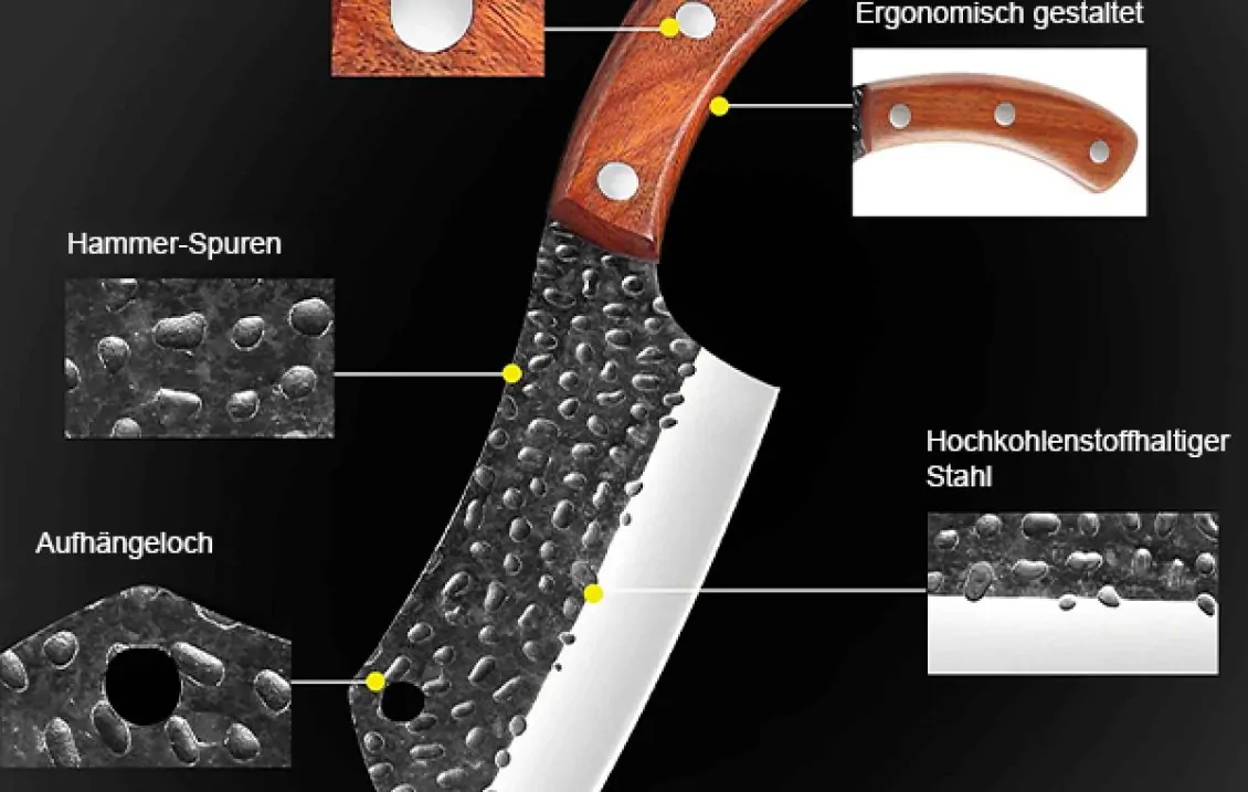 Chinesisches Multifunktionales Outdoormesser gallery 4 Ein Kochmesser mit detaillierten Merkmalen, darunter eine ergonomisch gestaltete Holzgriff, Nietbefestigung, Hammerschlagspuren, ein Aufhängeloch und eine Klinge aus hochkohlenstoffhaltigem Stahl. Die einzelnen Merkmale sind mit gelben Punkten markiert und beschriftet, um die speziellen Eigenschaften des Messers hervorzuheben.