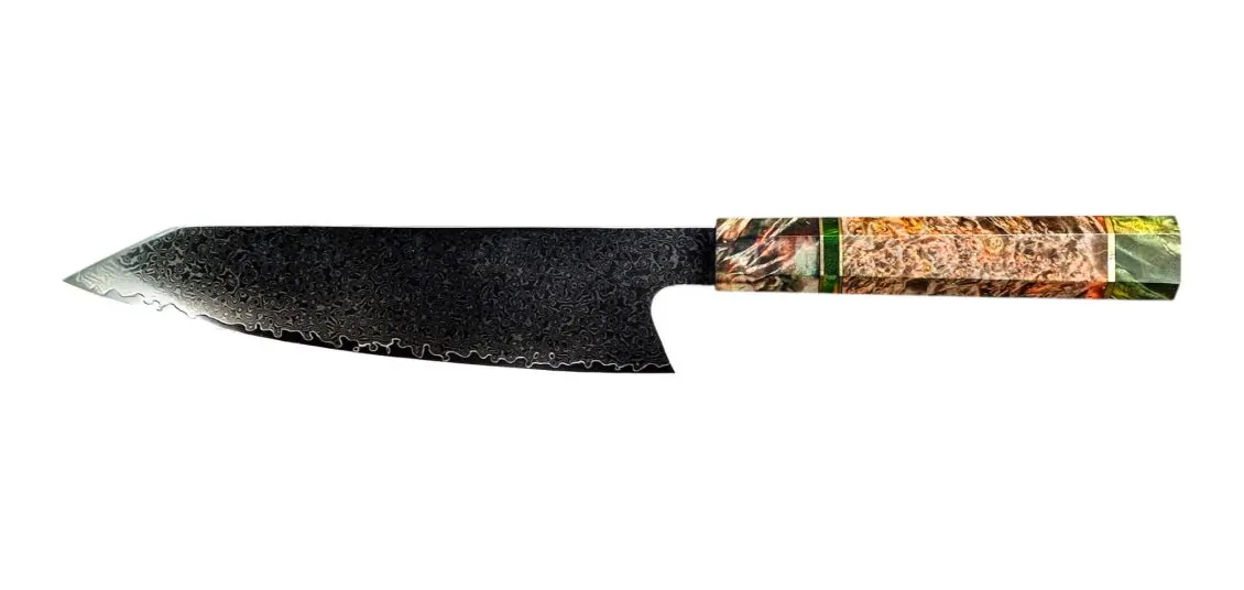 Santoku knife with an elegant wooden handle.